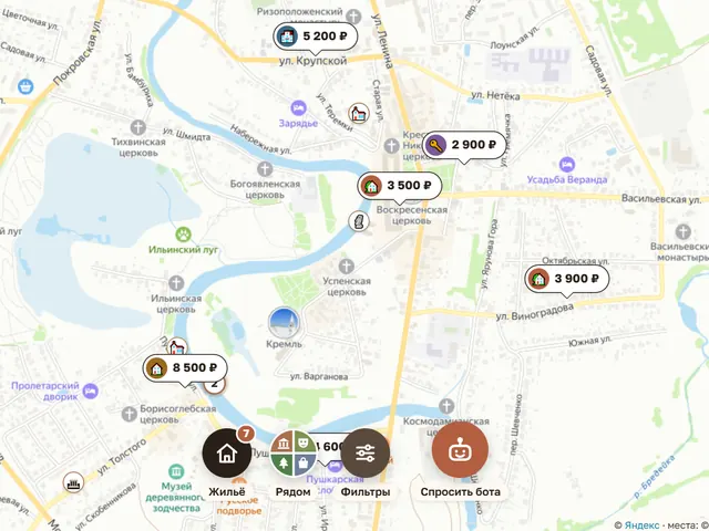 Карта с ценами на жильё рядом с достопримечательностями — реальный экран каталога